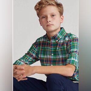 Ralph Lauren Youth Boys Kids’' Plaid Performance Poplin Shirt Green, size 10-12